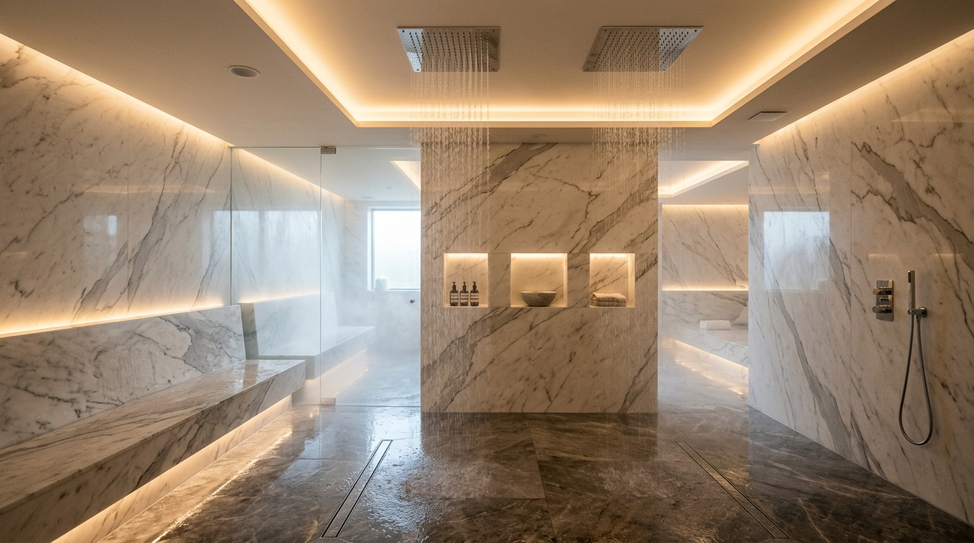 Use warm lighting so the open shower feels inviting